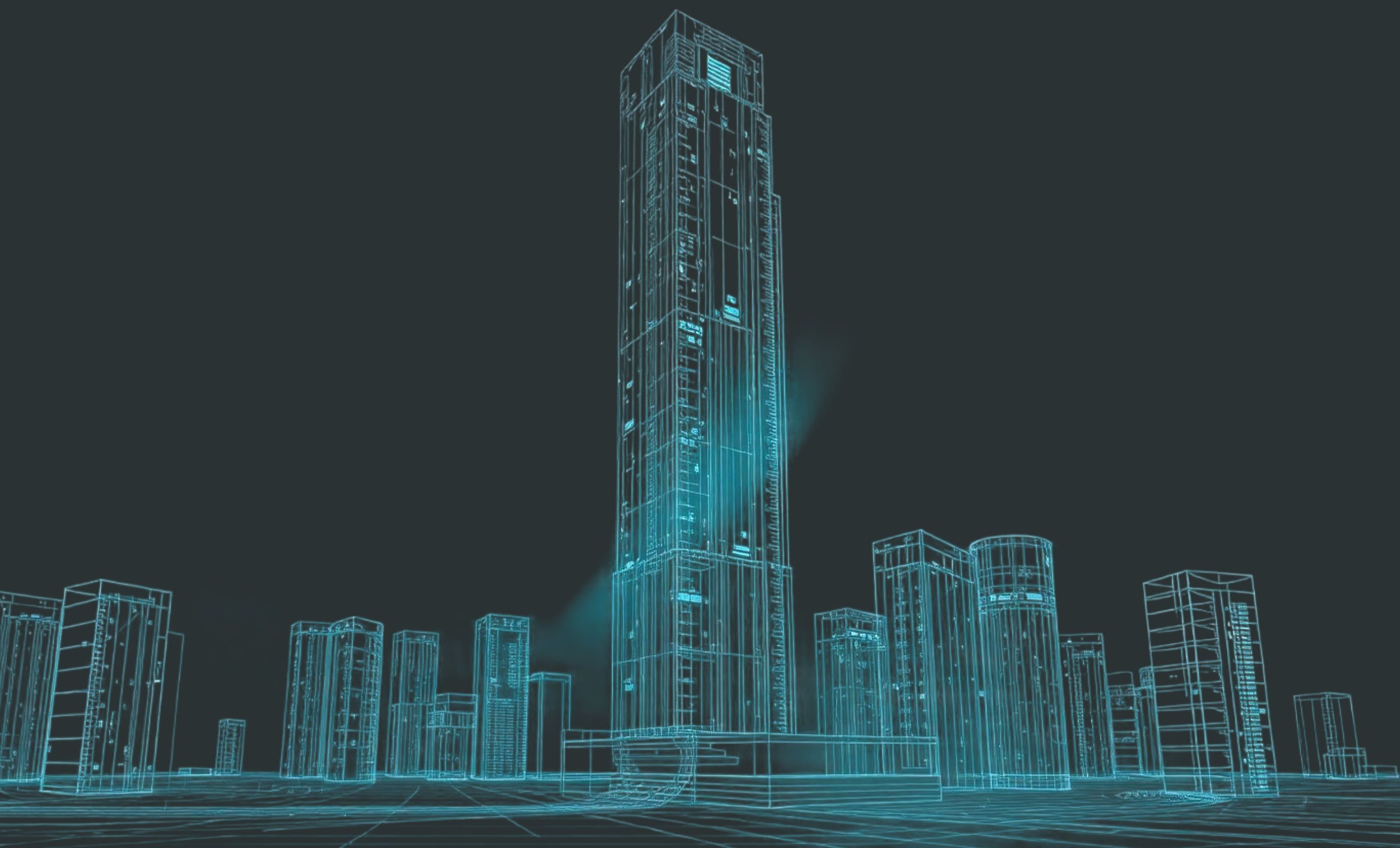 Digitale Skyline: Hochhäuser als leuchtendes Drahtgittermodell