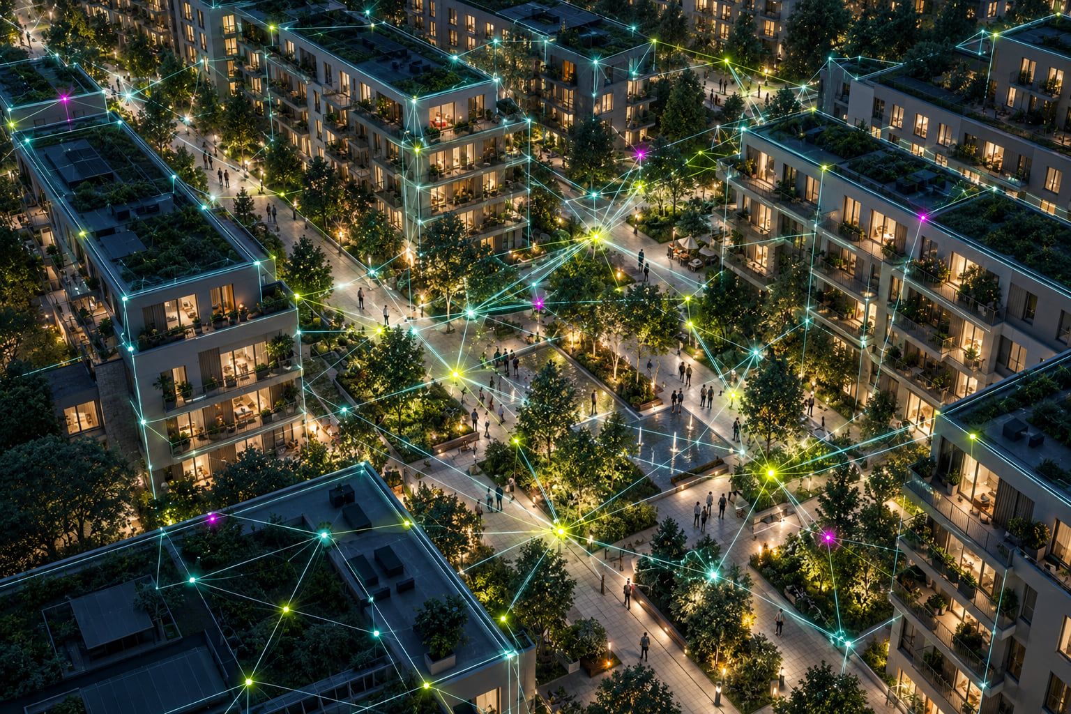 Begrüntes Wohnquartier bei Nacht aus der Vogelperspektive, überlagert von einem leuchtenden Netz aus Datenverbindungen